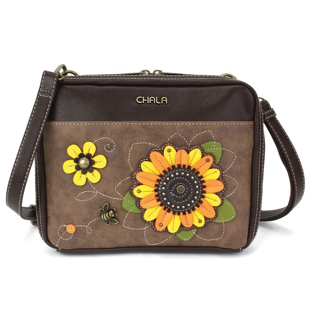 Chala Brown Crossbody Yellow Sunflower Bee Faux Leather Whimsical Floral Nature